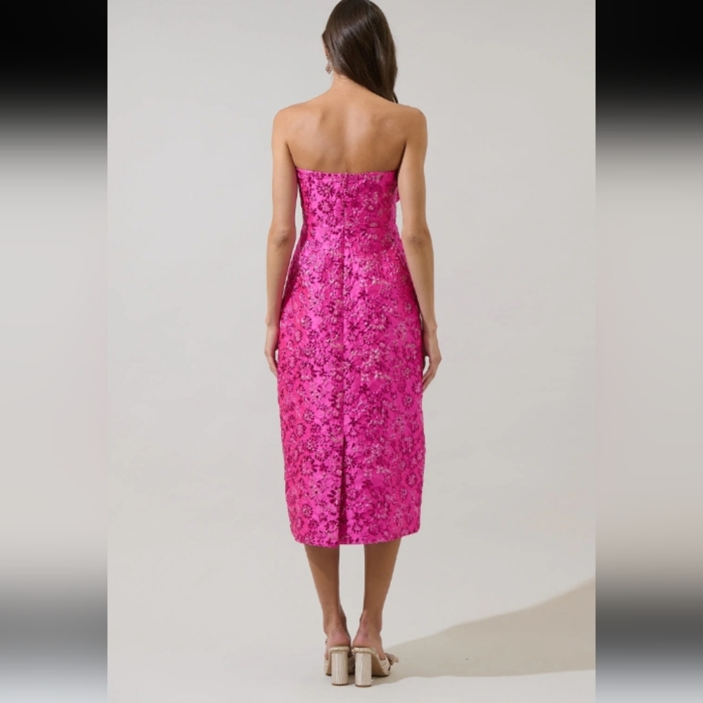 Sugarlips Strapless Hot Pink Lace Midi Dress with Sculpted Bow - Picture 3 of 3